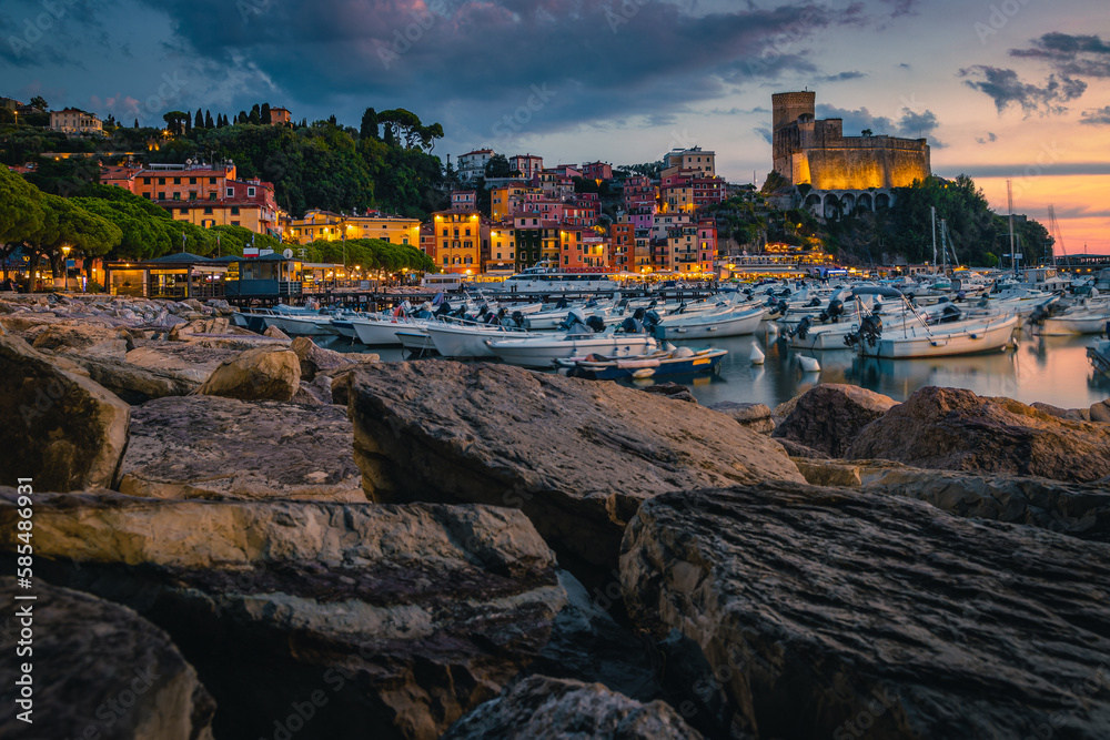 Lerici view with harbor and castle on the cliff, Italy