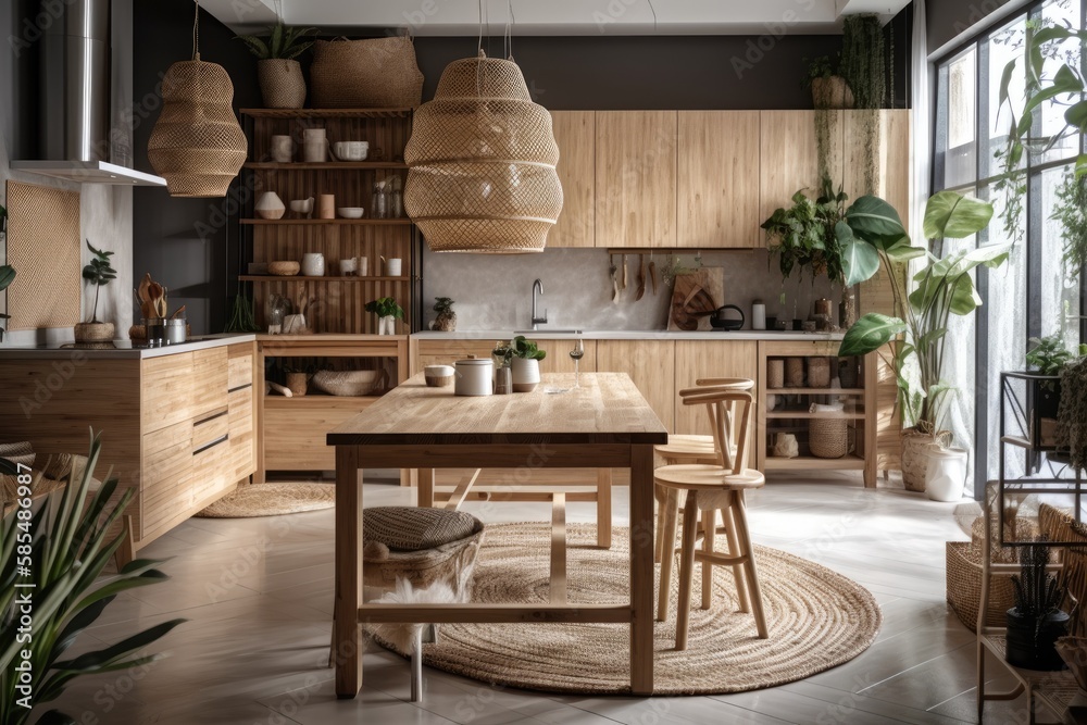 Panorama of modern hardwood kitchen with white and black tones. Kitchenware and table. Scandinavian 