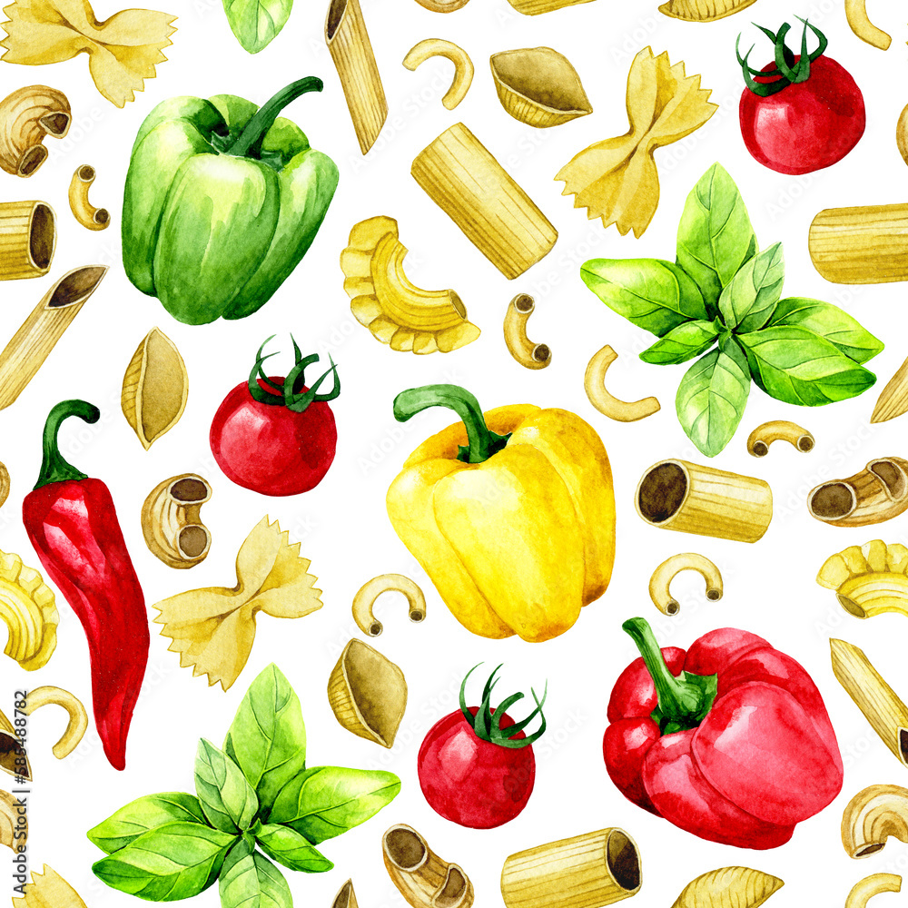 watercolor drawing. seamless pattern italian pasta with vegetables. bell pepper, basil, pasta