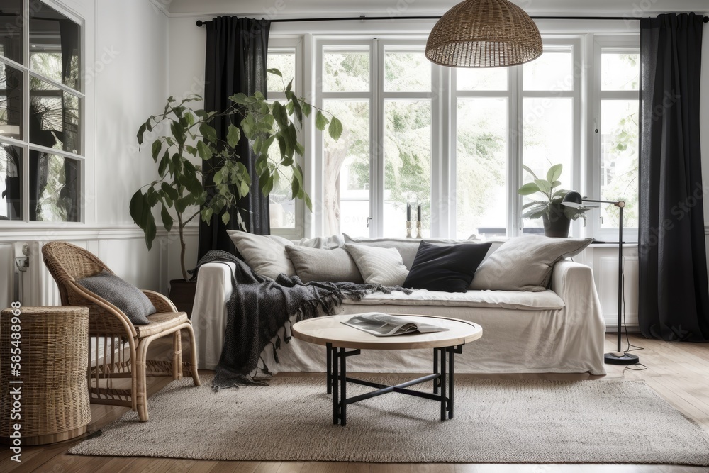 Traditional living room with white and black drapes, fabric couch, and rattan flooring. Parquet. Far