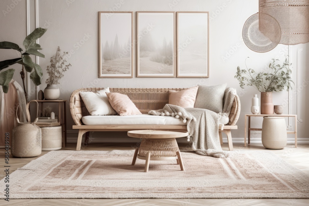 Scandi Boho room mockup, soft pastel hues. Generative AI