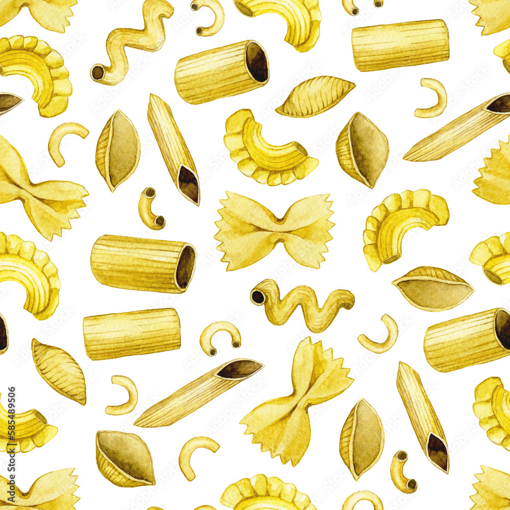 seamless pattern with types of pasta, print. cute vintage illustration on white background, pasta, i