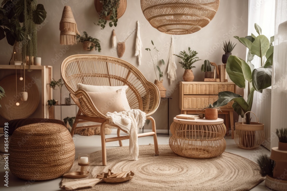 Contemporary boho living room with wooden chair, clay pot with plants, woven basket, bamboo lamp, an