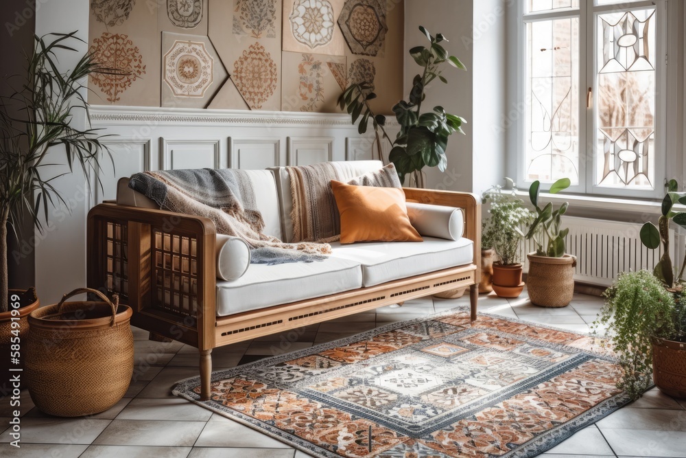 A comfy living room couch with cushions, floor tiles, and ornamental accessories. Interior bohemian 