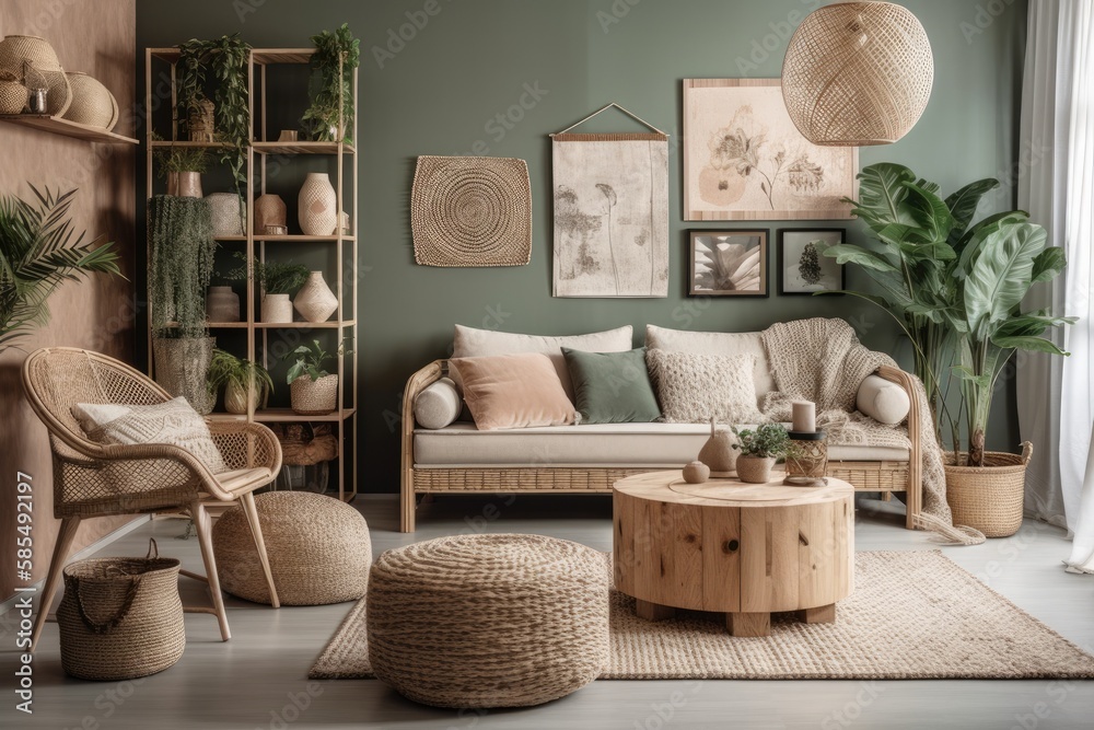 Bohemian home design with gray couch, rattan armchair, wooden cube, plaid, cushion, tropical plants,