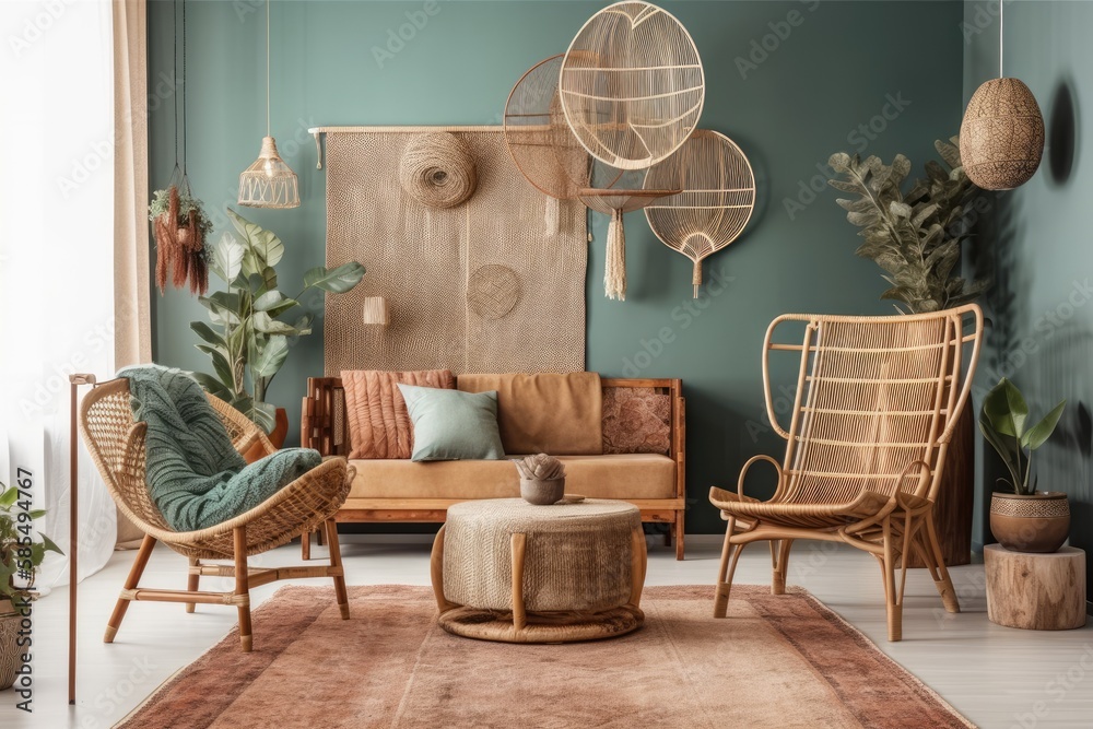 Boho living room with design armchair, wooden vintage commode, vase with flowers, macrame, abstract 