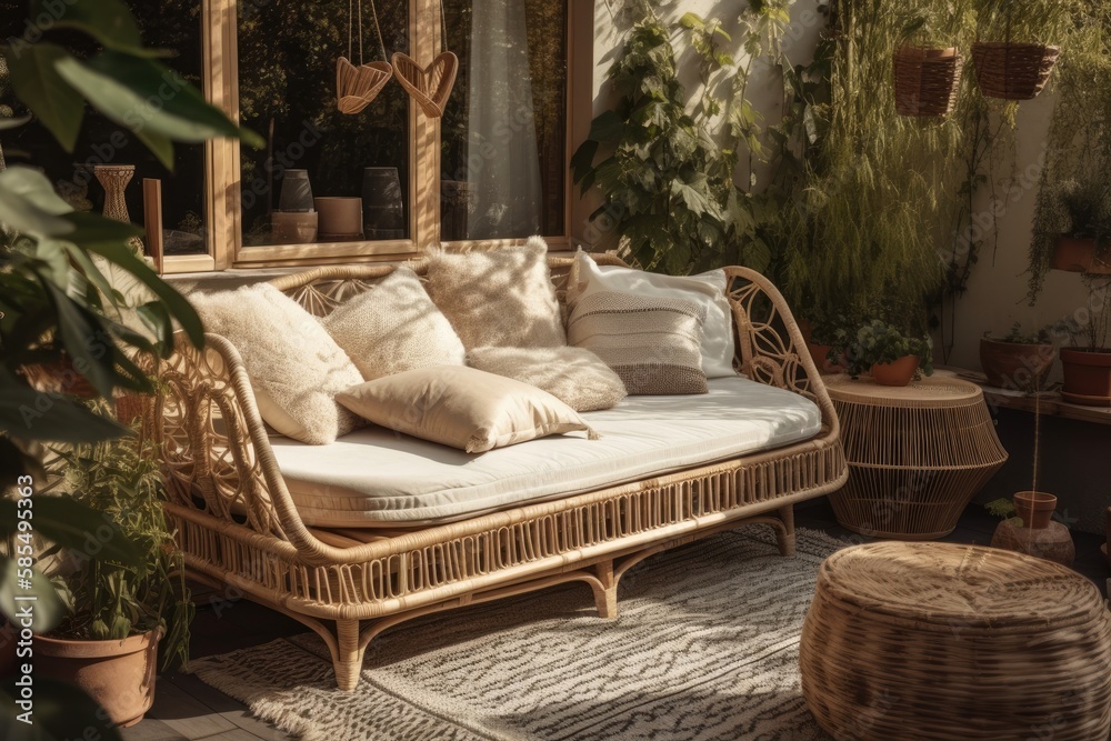 Boho patio rattan couch with cushion. Generative AI