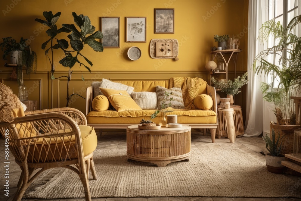 Yellow and beige vintage living room with rattan furniture, parquet floor, and wallpaper. Farmhouse 