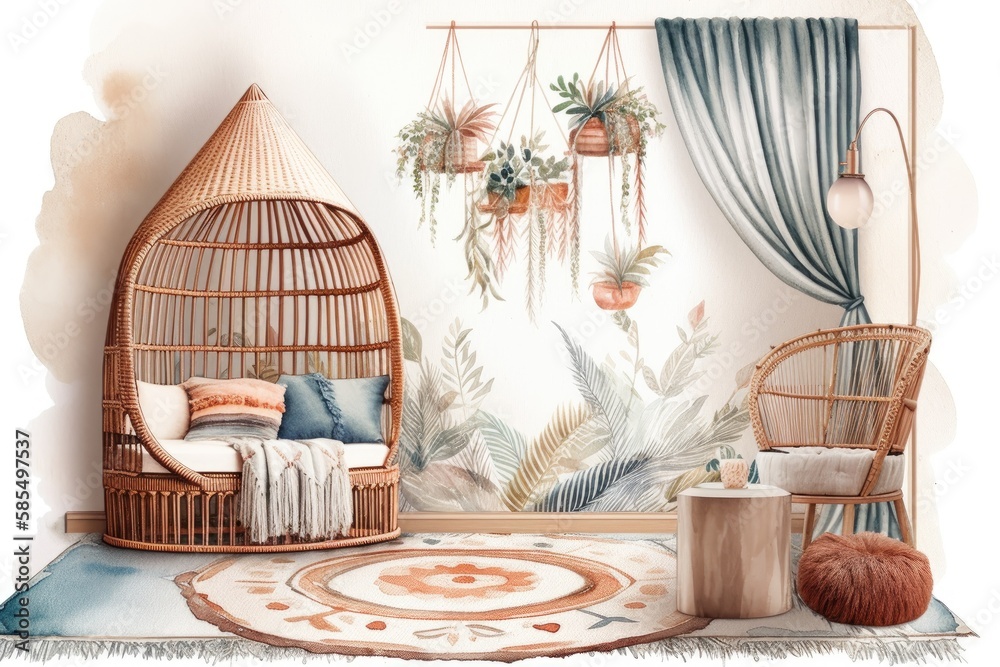 Boho style childrens furniture watercolor. Canopy, crib, carpet, and rattan mirror. Childrens room