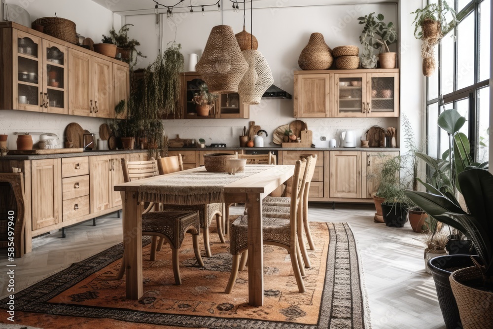 Bohemian wooden kitchen and dining room. White and black table, chairs, carpet, and appliances. Boho