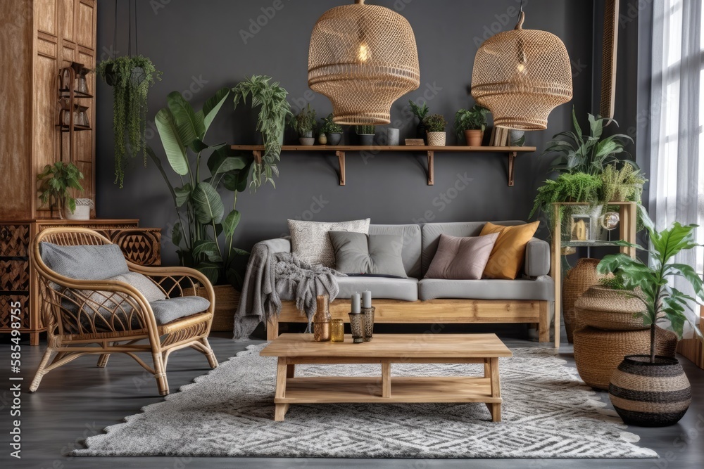 Ethnic living room with grey couch, multicolored wicker, rattan sideboard, seat, and attractive deco