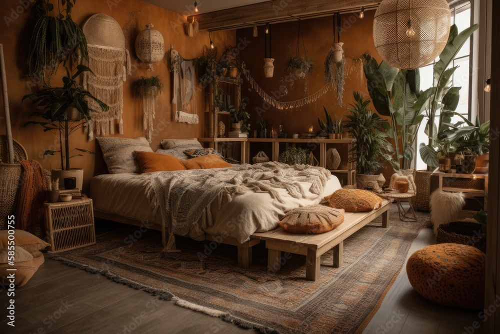 A bohemian bedroom with plants, blankets, cushions, books, candles, and other accessories. Generativ