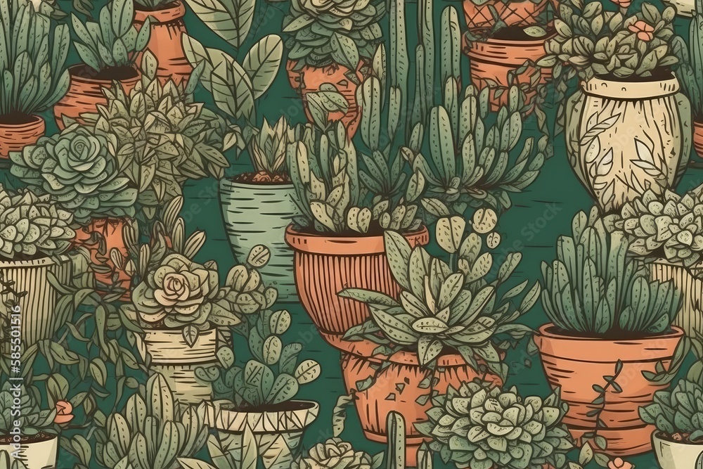 Seamless pattern of houseplants. Houseplants. Earthy bohemian pattern. Generative AI