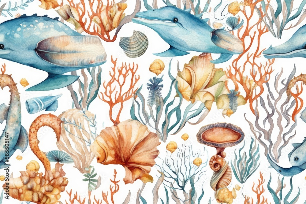 Watercolor cartoon bohemian undersea seamless pattern. Adorable marine animal artwork on white. Fabr