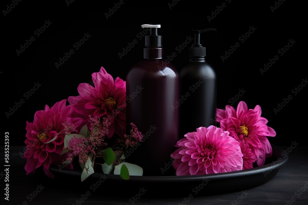  a black plate with pink flowers and two bottles of lotion.  generative ai