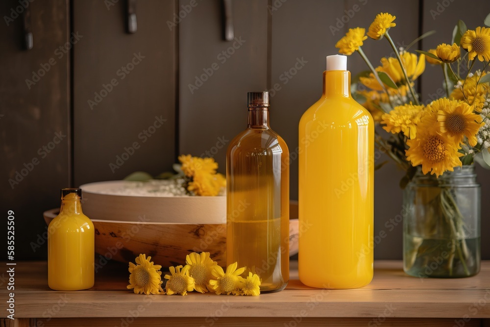  a wooden table topped with bottles and vases filled with yellow flowers.  generative ai