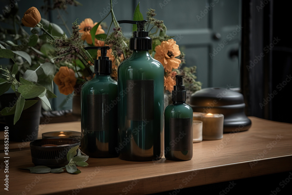  three bottles of green liquid sitting on a table next to a vase of flowers.  generative ai