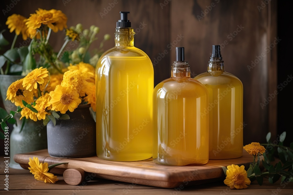  three bottles of yellow liquid sitting on a table next to a vase of yellow flowers.  generative ai