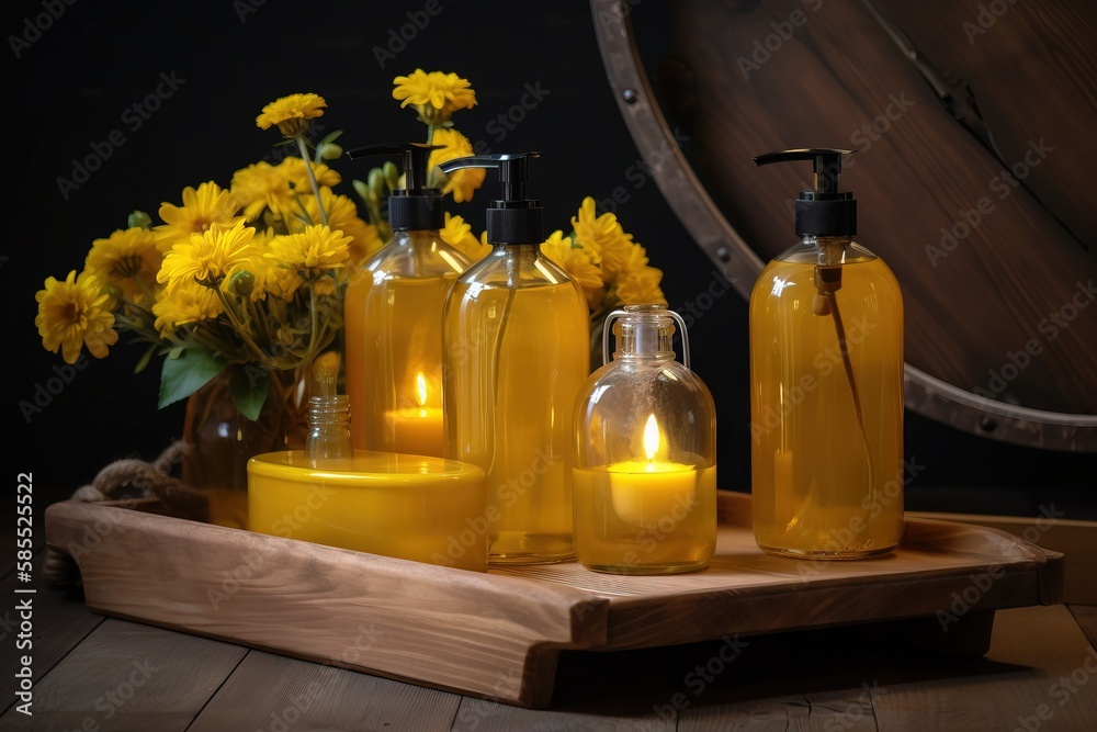  a wooden tray topped with bottles filled with yellow flowers and candles.  generative ai