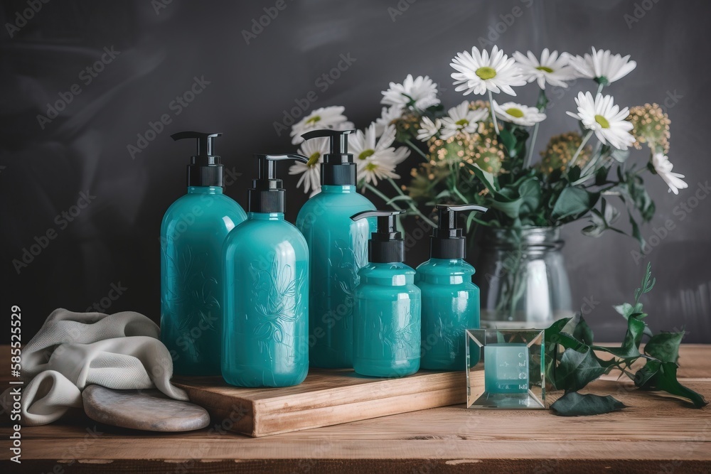  a wooden table topped with vases filled with white flowers.  generative ai