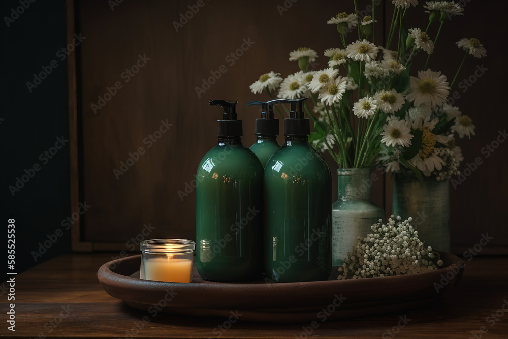  three bottles of soap and a candle on a tray with flowers.  generative ai