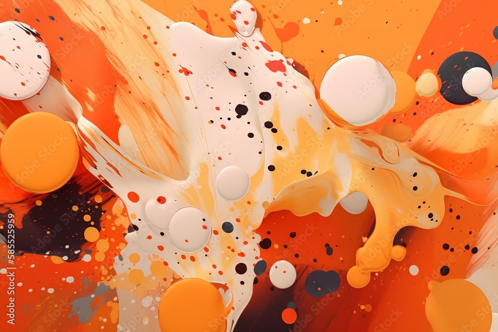  an abstract painting of orange and white colors with black dots.  generative ai