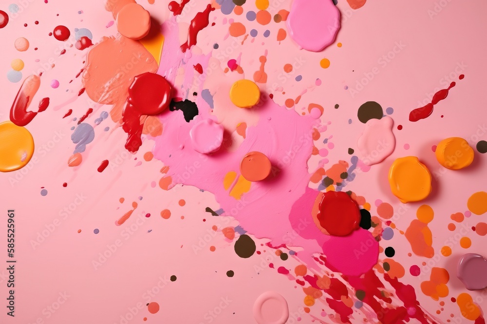  a pink wall with lots of different colored paint splattered on it.  generative ai