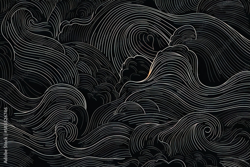  a black and white drawing of waves with a light in the middle.  generative ai