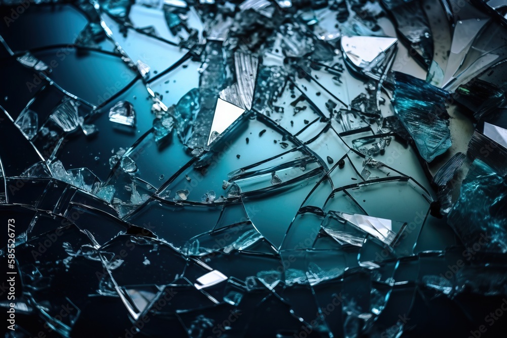  a broken glass window with a blue background and a broken window pane.  generative ai