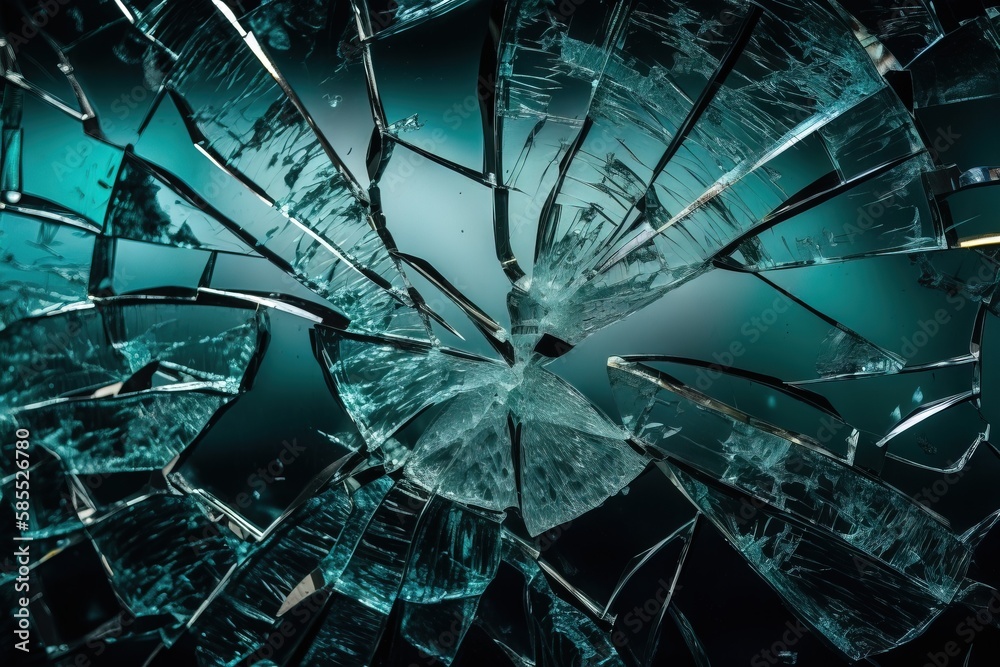  a broken glass window that has been shattered and is green.  generative ai