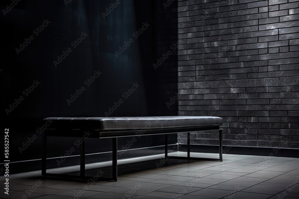  a bench sitting in front of a brick wall in a dark room.  generative ai