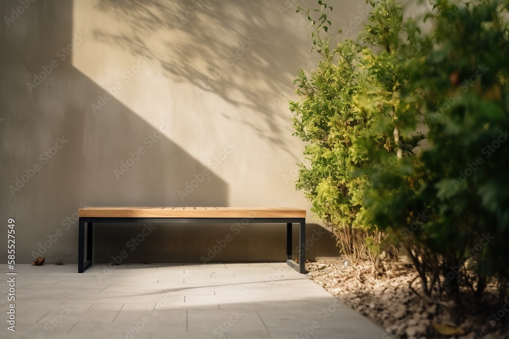  a wooden bench sitting in front of a wall next to a bush.  generative ai