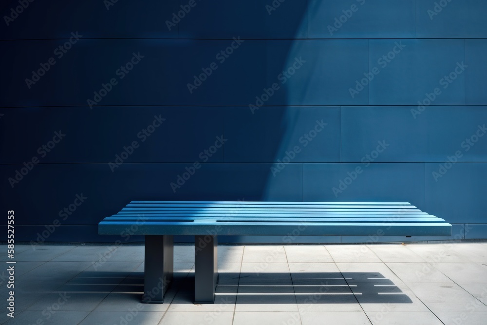  a blue bench sitting in front of a blue wall with a shadow on it.  generative ai