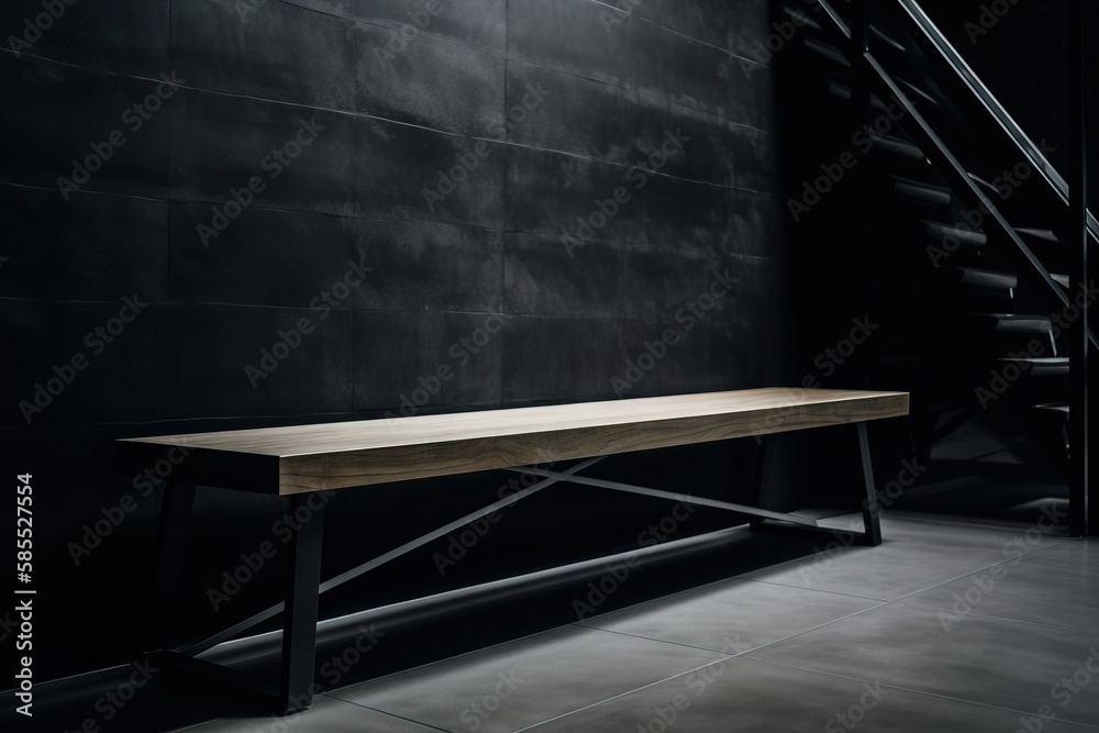  a wooden bench sitting in front of a black wall with stairs.  generative ai