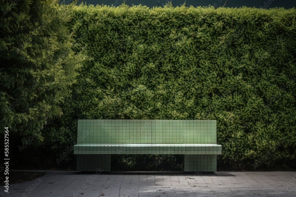  a green bench sitting in front of a green hedge wall.  generative ai