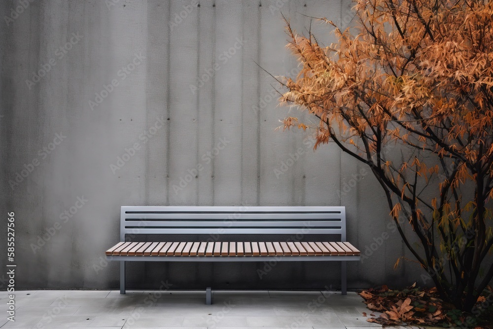  a bench sitting in front of a tree with orange leaves.  generative ai