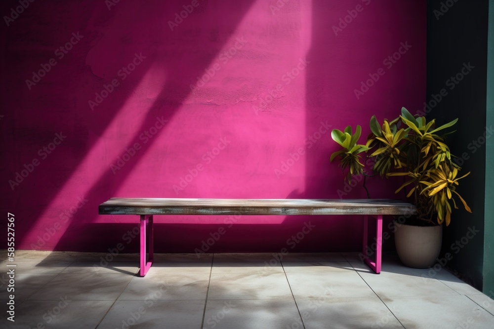  a bench sitting in front of a pink wall with a potted plant.  generative ai