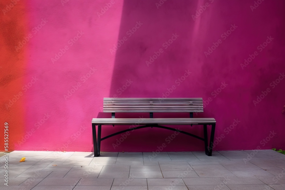  a wooden bench sitting in front of a pink and red wall.  generative ai