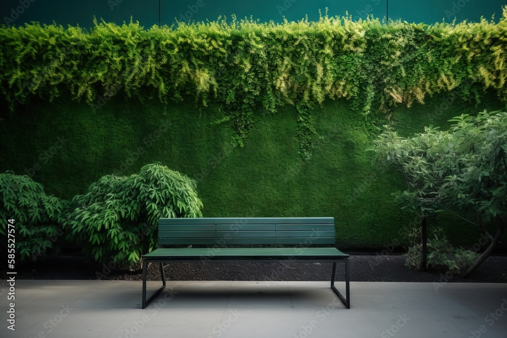  a green bench in front of a green wall with a green plant.  generative ai