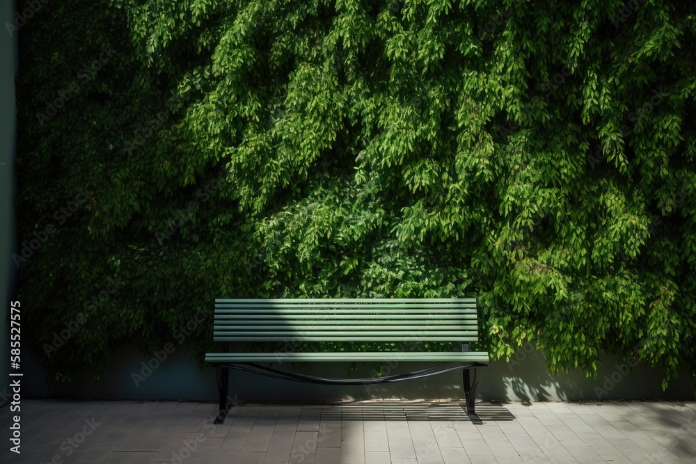  a green bench sitting in front of a green wall and tree.  generative ai