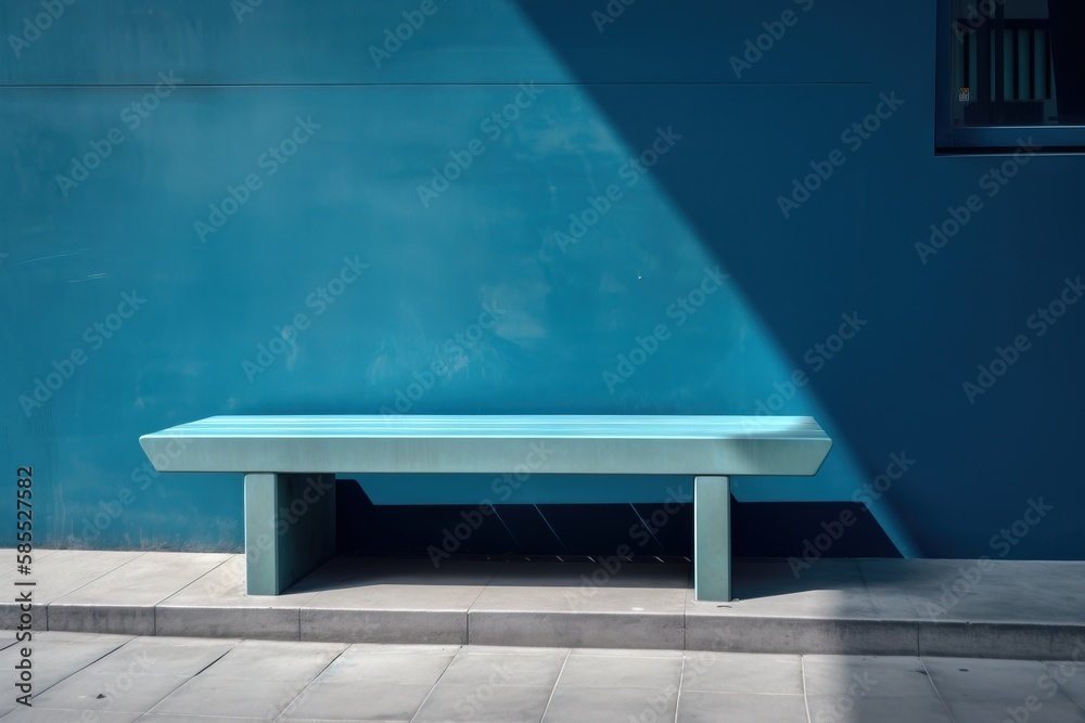  a blue bench sitting in front of a blue wall on a sidewalk.  generative ai