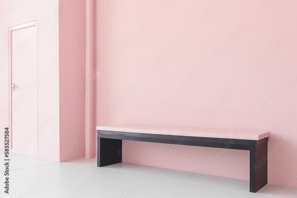  a pink room with a black bench and a white door.  generative ai