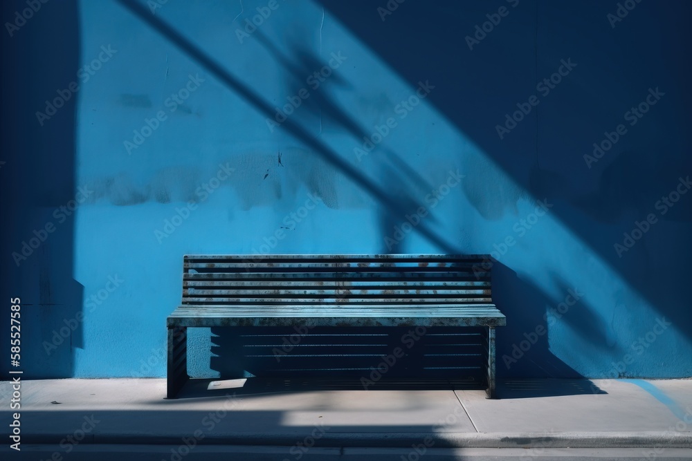  a wooden bench sitting in front of a blue wall on a sidewalk.  generative ai