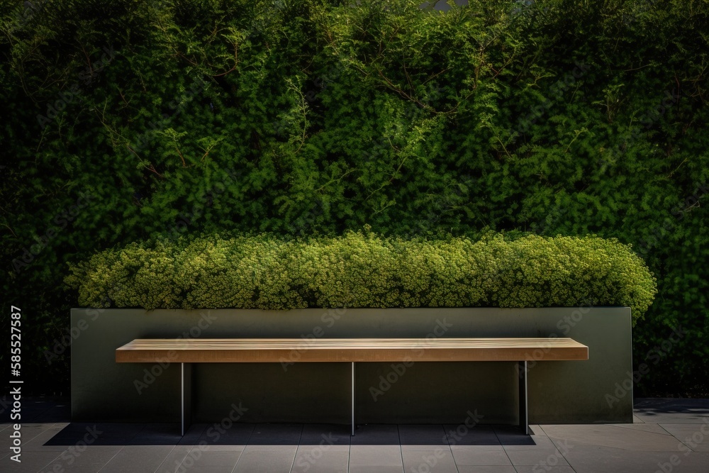  a wooden bench sitting in front of a lush green wall.  generative ai