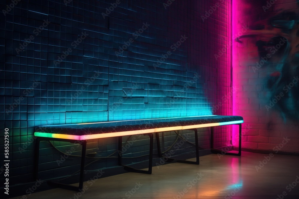  a bench with a neon light on it in a room.  generative ai