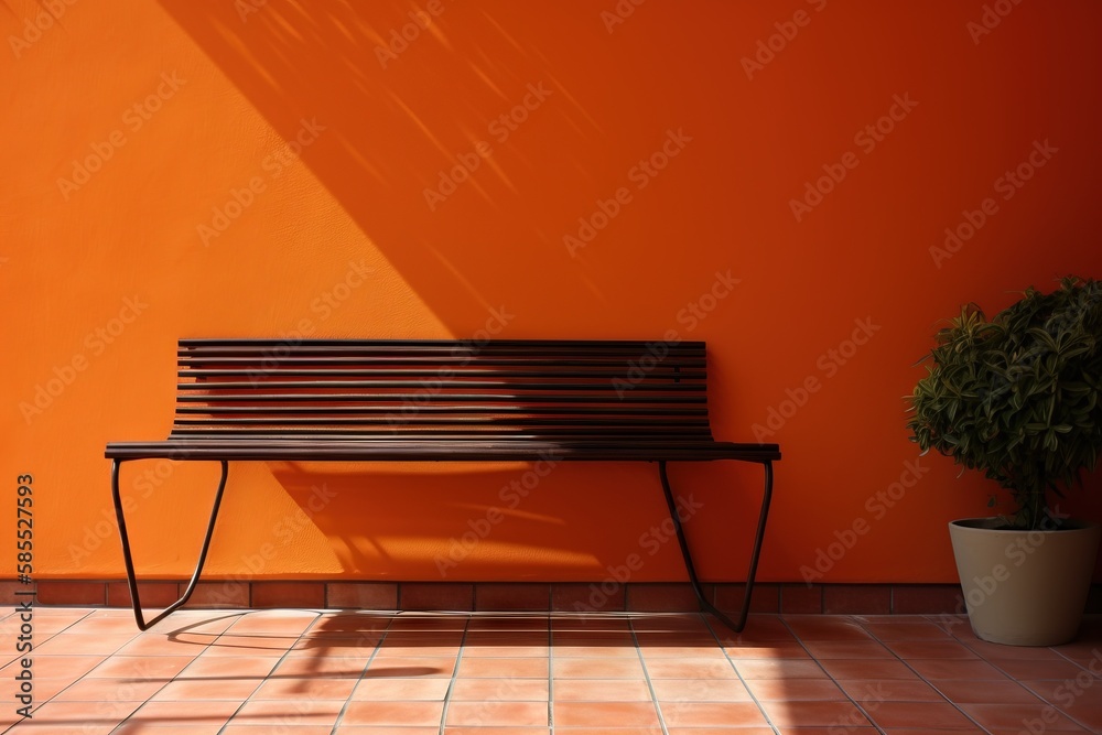  a wooden bench sitting next to a plant on a tiled floor.  generative ai