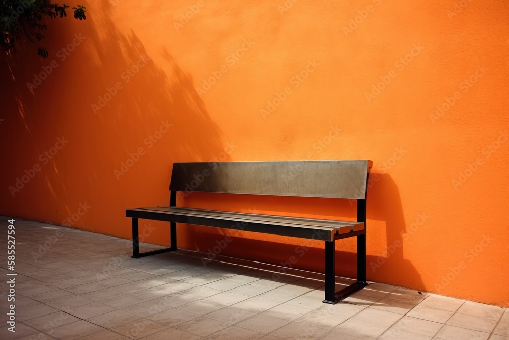  a bench sitting against an orange wall next to a tree.  generative ai