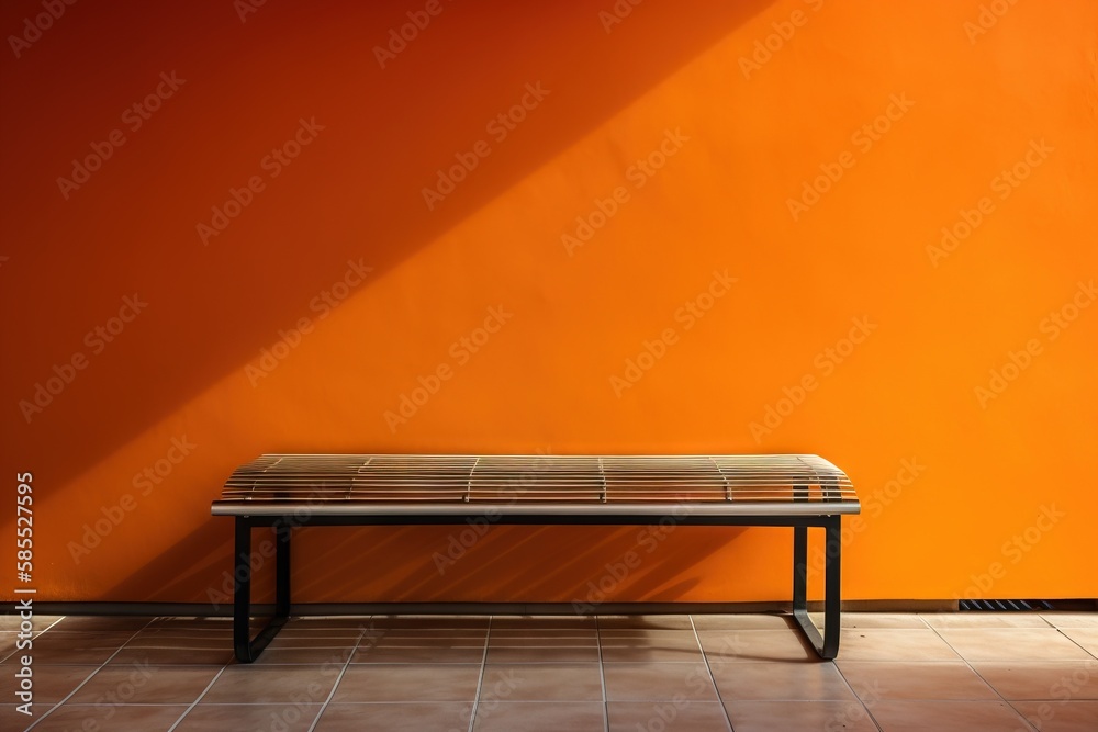  a wooden bench sitting in front of an orange wall with a long shadow on it.  generative ai