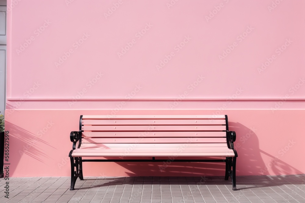  a pink wall with a bench in front of it on a sidewalk.  generative ai