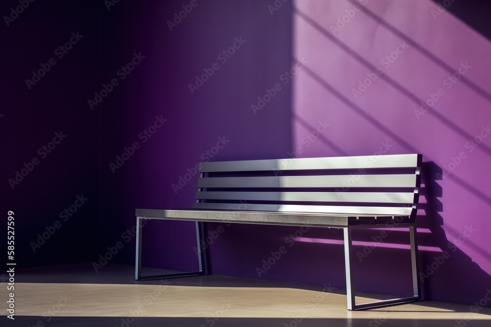  a bench sitting in front of a purple wall with a shadow on it.  generative ai